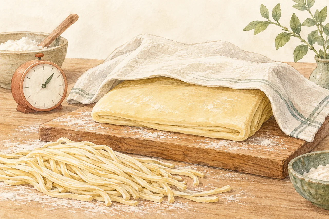 Gentle watercolor illustration: Covered noodle dough and a clock illustrate resting. The drawing does not establish a particular manufacturer’s maturation method.