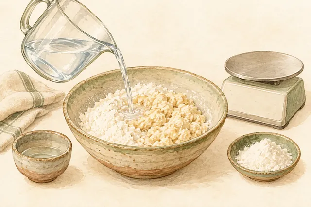 Gentle watercolor illustration: Flour and measured water illustrate noodle hydration. This is not a measured laboratory comparison.
