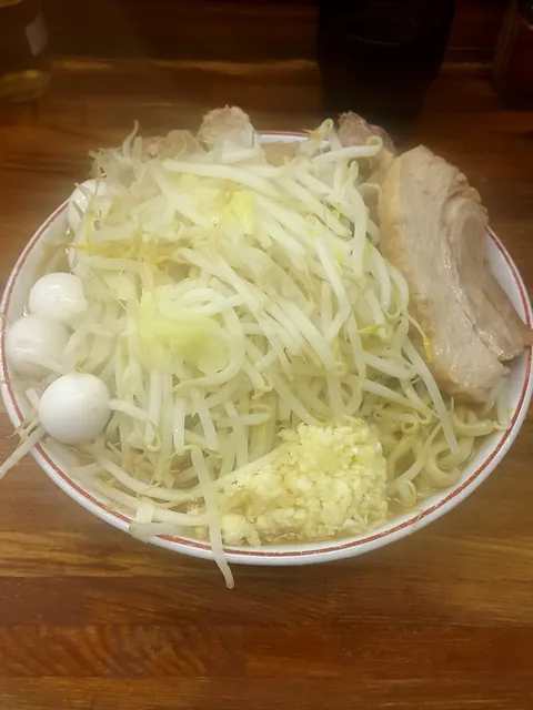A ramen bowl at Ramen Jiro. An actual bowl at Ramen Jiro in Musashikoganei, Tokyo. It documents this serving, not a standard size for every Jiro-inspired shop.
