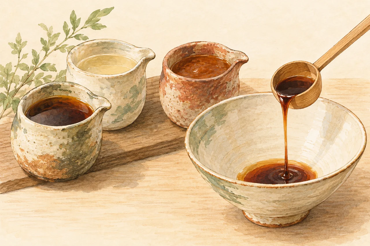 Gentle watercolor illustration: Concentrated ramen seasoning is shown separately from stock, with a measured addition to a bowl.