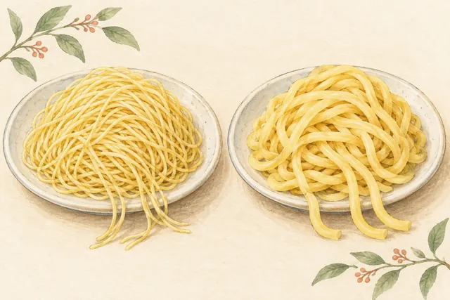 Gentle watercolor illustration: Thin and thick ramen noodles are drawn at different widths; thickness and cooked firmness are separate ideas.