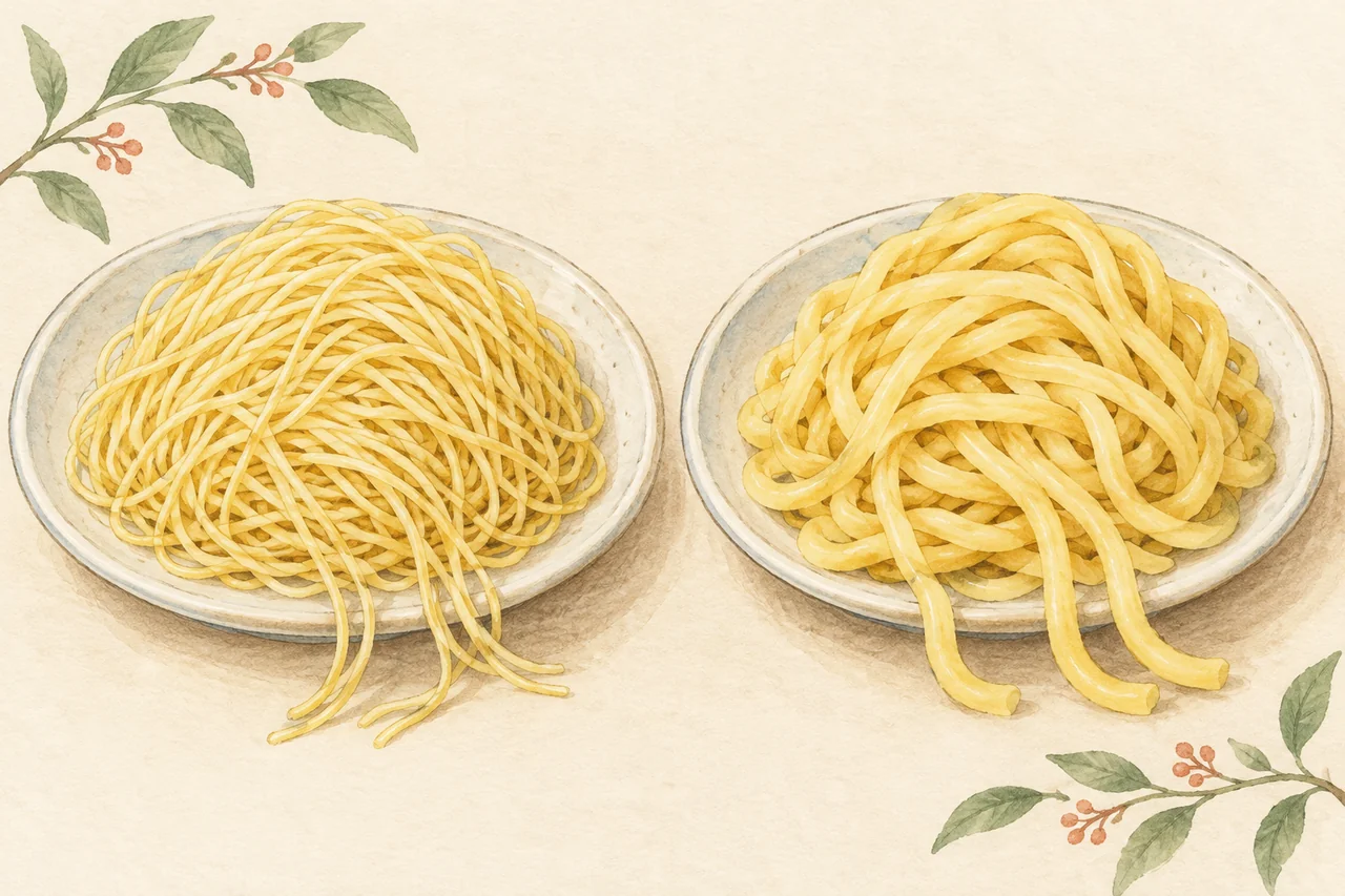 Gentle watercolor illustration: Thin and thick ramen noodles are drawn at different widths; thickness and cooked firmness are separate ideas.