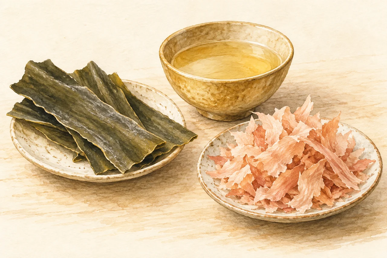 Gentle watercolor illustration: Kombu and bonito flakes illustrate one familiar pairing of stock ingredients; umami itself is a taste, not a visible substance.