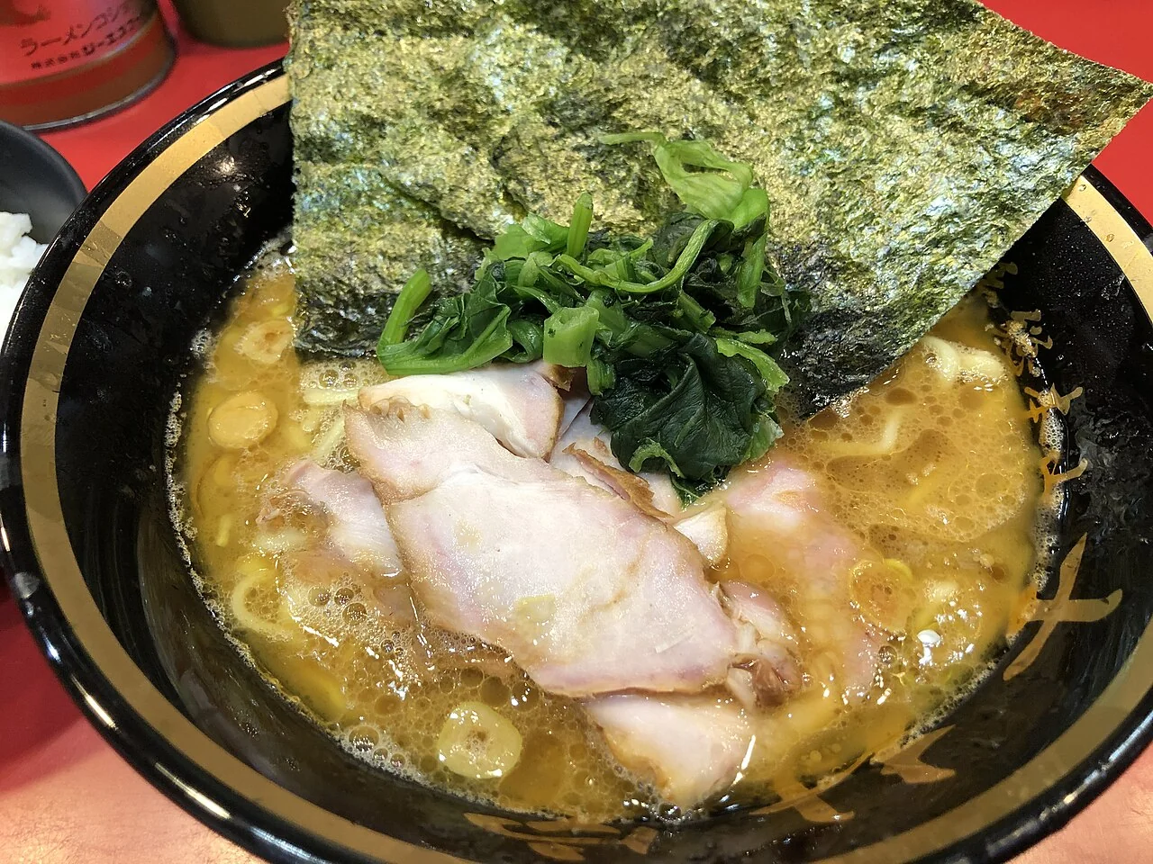 Iekei ramen at Yoshimuraya, Yokohama. An actual ramen bowl identified by its photographer as Yoshimuraya ramen. This image is dedicated to the Yokohama theme, separately from the general iekei photograph.