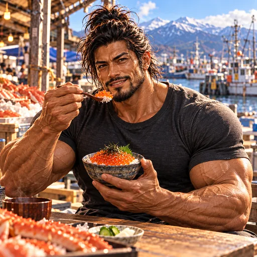 Samurai Macho in a charcoal T-shirt, without sunglasses or a headband, enjoying Ikura don in Hokkaido. AI illustration.