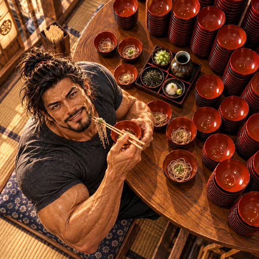 Samurai Macho in a charcoal T-shirt, without sunglasses or a headband, enjoying Wanko soba in Iwate. AI illustration.