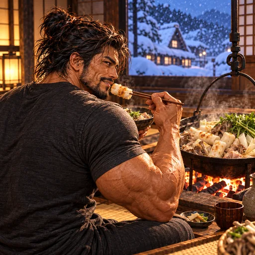 Samurai Macho in a charcoal T-shirt, without sunglasses or a headband, enjoying Kiritanpo nabe in Akita. AI illustration.