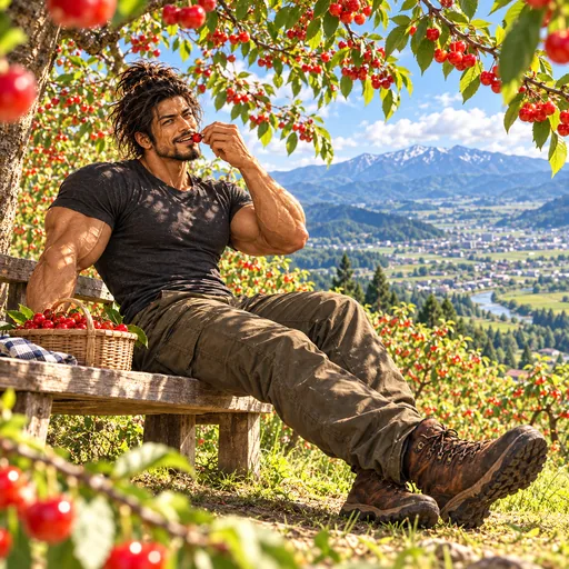 Samurai Macho in a charcoal T-shirt, without sunglasses or a headband, enjoying Yamagata cherries in Yamagata. AI illustration.