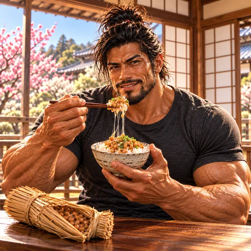 Samurai Macho in a charcoal T-shirt, without sunglasses or a headband, enjoying Mito natto rice in Ibaraki. AI illustration.