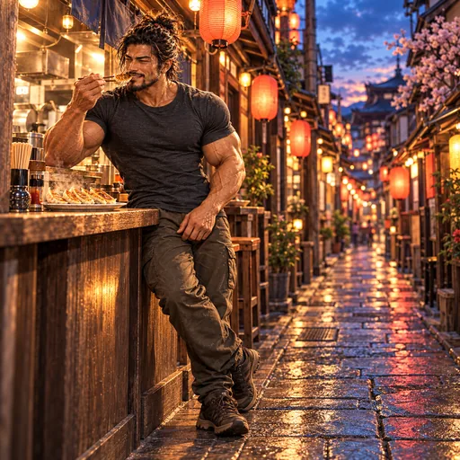 Samurai Macho in a charcoal T-shirt, without sunglasses or a headband, enjoying Utsunomiya gyoza in Tochigi. AI illustration.