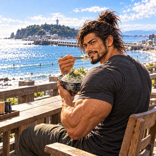 Samurai Macho in a charcoal T-shirt, without sunglasses or a headband, enjoying Shirasu don in Kanagawa. AI illustration.