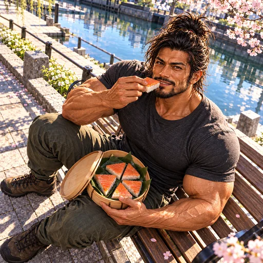 Samurai Macho in a charcoal T-shirt, without sunglasses or a headband, enjoying Masu zushi in Toyama. AI illustration.