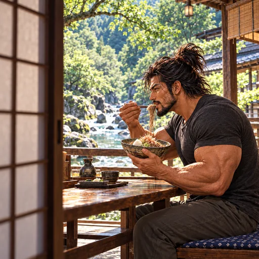 Samurai Macho in a charcoal T-shirt, without sunglasses or a headband, enjoying Echizen oroshi soba in Fukui. AI illustration.