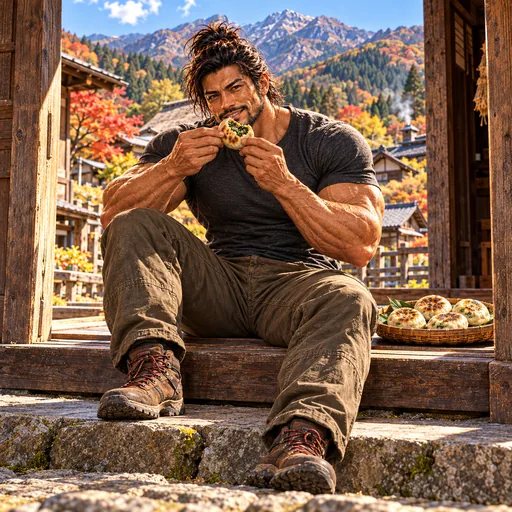 Samurai Macho in a charcoal T-shirt, without sunglasses or a headband, enjoying Oyaki in Nagano. AI illustration.