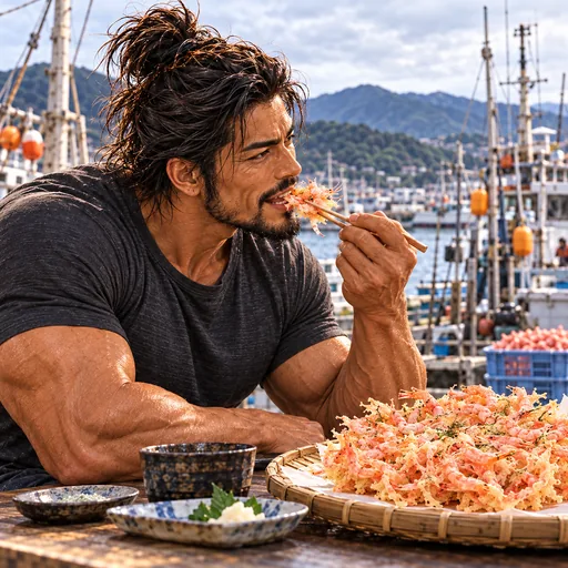 Samurai Macho in a charcoal T-shirt, without sunglasses or a headband, enjoying Sakura shrimp kakiage in Shizuoka. AI illustration.