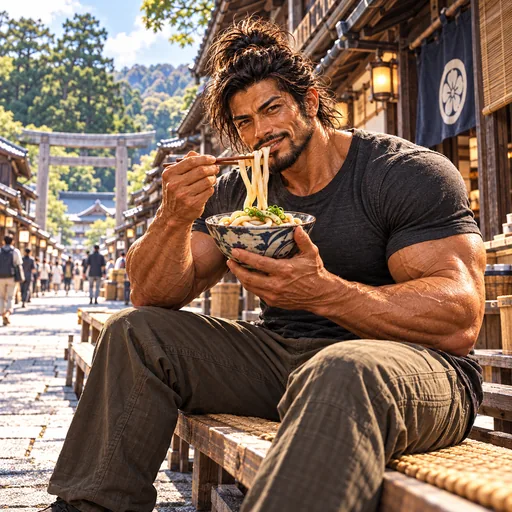 Samurai Macho in a charcoal T-shirt, without sunglasses or a headband, enjoying Ise udon in Mie. AI illustration.