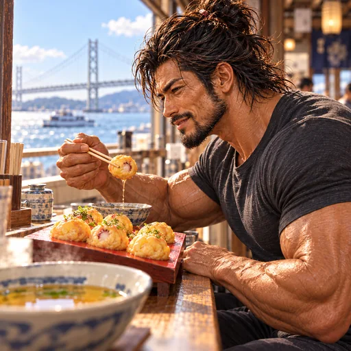 Samurai Macho in a charcoal T-shirt, without sunglasses or a headband, enjoying Akashiyaki in Hyogo. AI illustration.