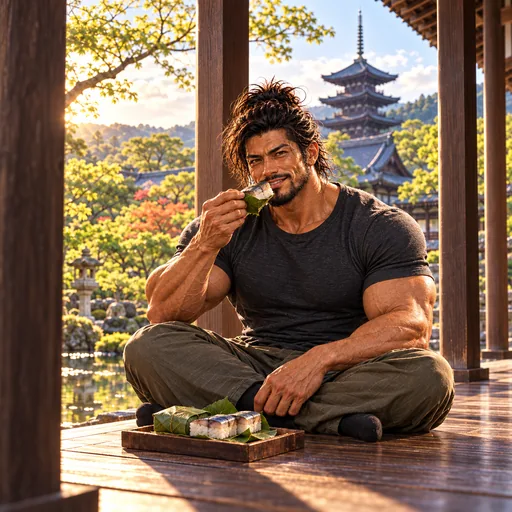Samurai Macho in a charcoal T-shirt, without sunglasses or a headband, enjoying Kakinoha sushi in Nara. AI illustration.
