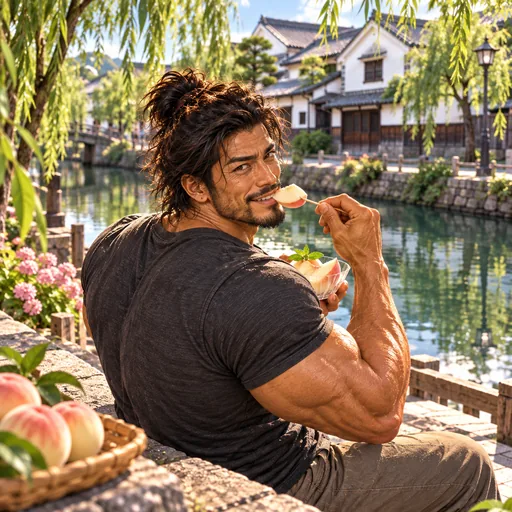 Samurai Macho in a charcoal T-shirt, without sunglasses or a headband, enjoying Okayama white peaches in Okayama. AI illustration.