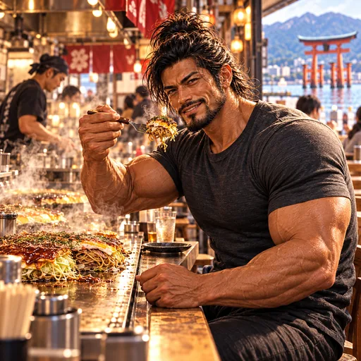 Samurai Macho in a charcoal T-shirt, without sunglasses or a headband, enjoying Hiroshima okonomiyaki in Hiroshima. AI illustration.