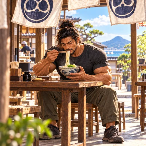 Samurai Macho in a charcoal T-shirt, without sunglasses or a headband, enjoying Sanuki udon in Kagawa. AI illustration.