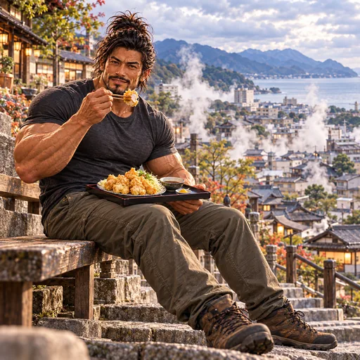 Samurai Macho in a charcoal T-shirt, without sunglasses or a headband, enjoying Toriten in Oita. AI illustration.