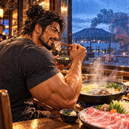 Samurai Macho in a charcoal T-shirt, without sunglasses or a headband, enjoying Kurobuta shabu-shabu in Kagoshima. AI illustration.