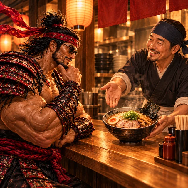 SamuraiMacho listens as a staff member recommends a bowl of ramen.