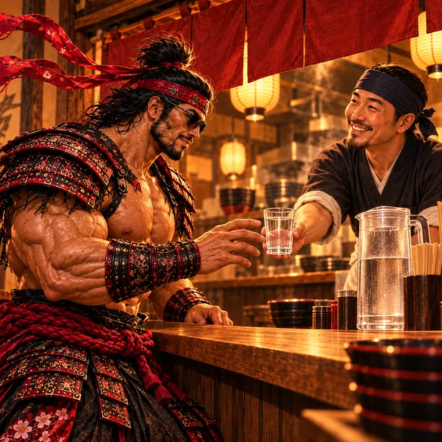 SamuraiMacho receives a glass of water.