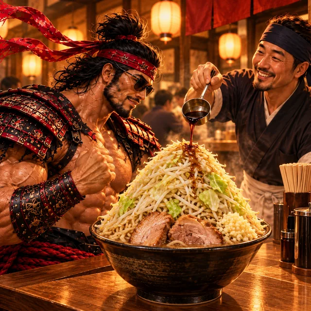 SamuraiMacho requests extra-extra vegetables, garlic, and stronger seasoning at a Jiro-style shop.