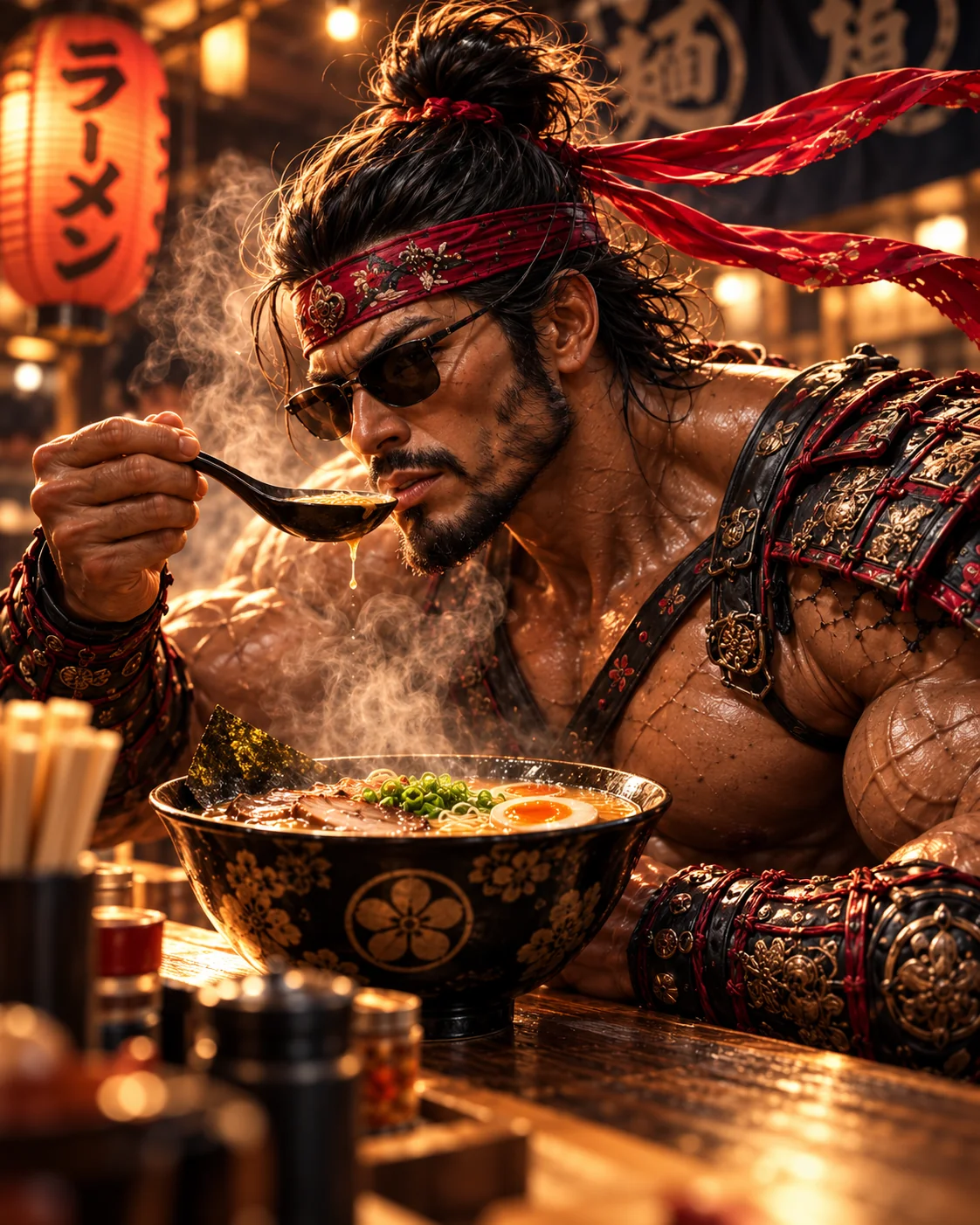 Illustration of Samurai Macho eating ramen at night