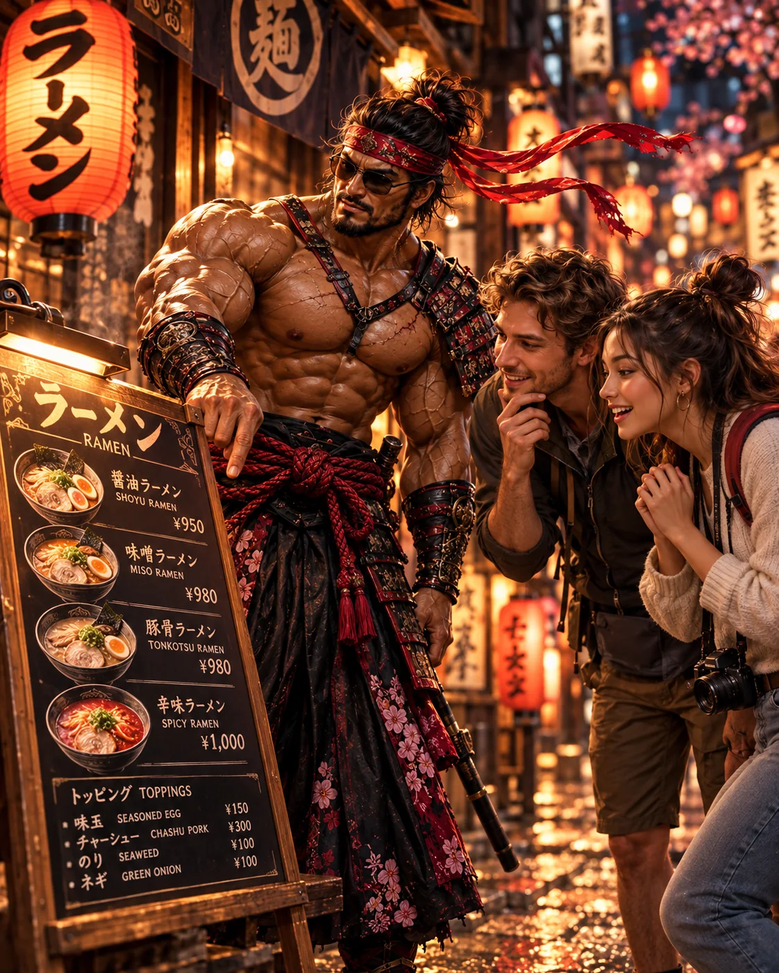 Samurai Macho helping travelers choose ramen in an illustrated alley