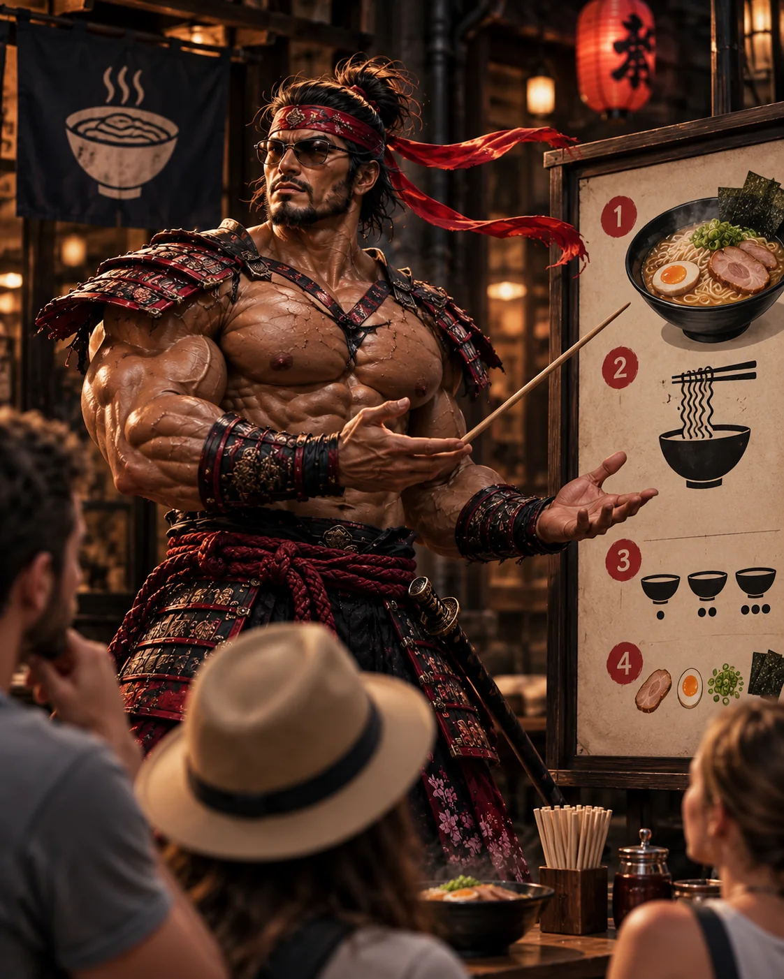 Illustration of Samurai Macho teaching travelers