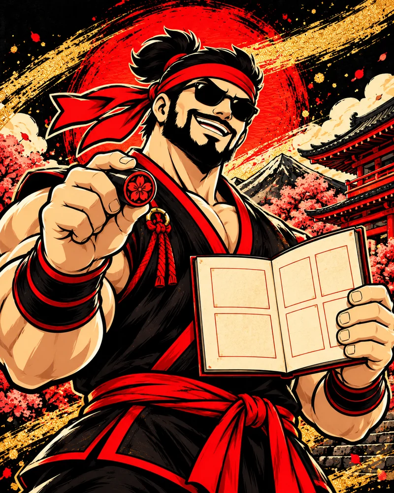 Samurai Macho stamps a traveler’s ramen passport; AI illustration