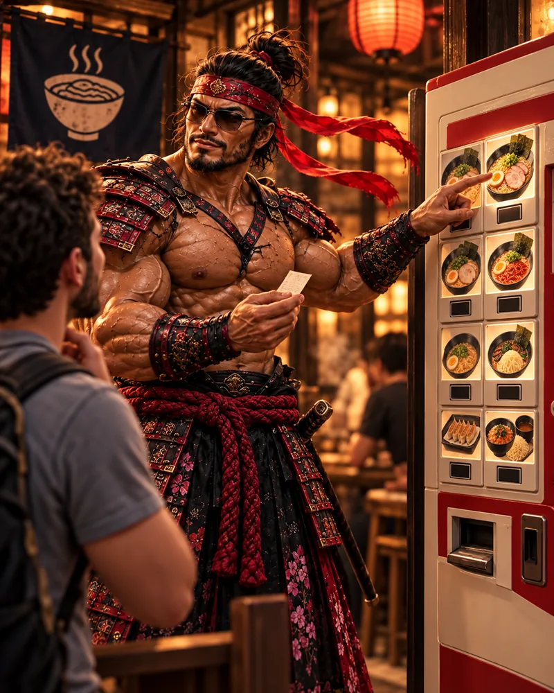 Your ticket-machine coach · Samurai Macho AI illustration