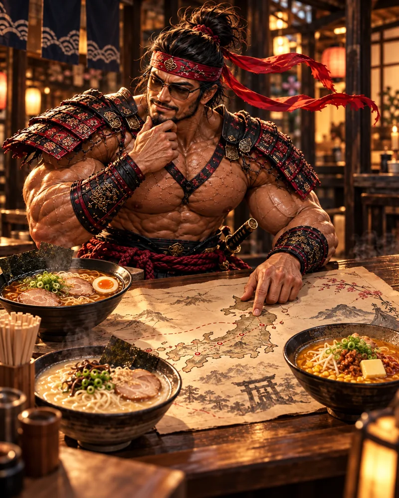 A country of ramen · Samurai Macho AI illustration