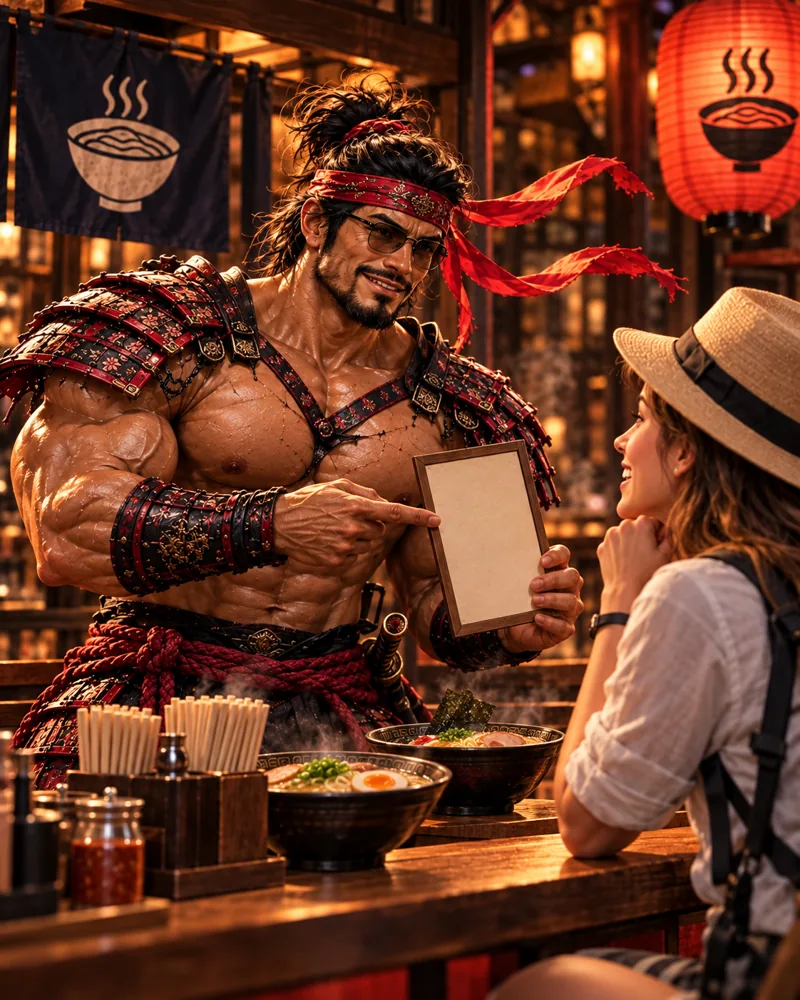 A little Japanese, a big smile · Samurai Macho AI illustration