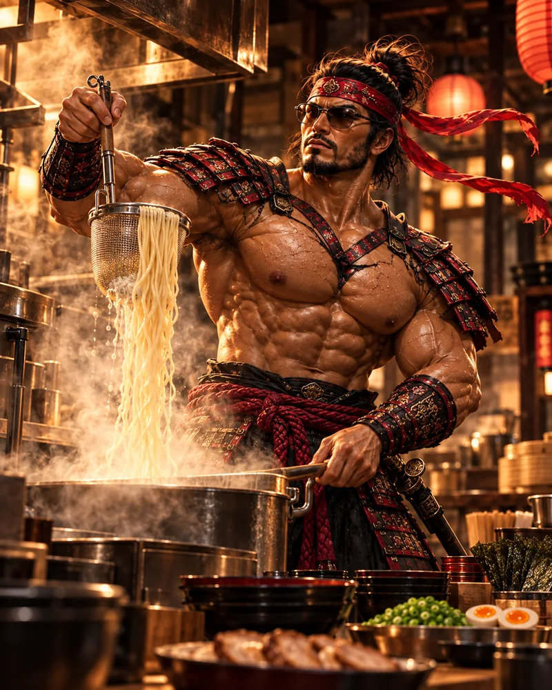 The craft behind the noodles · Samurai Macho AI illustration