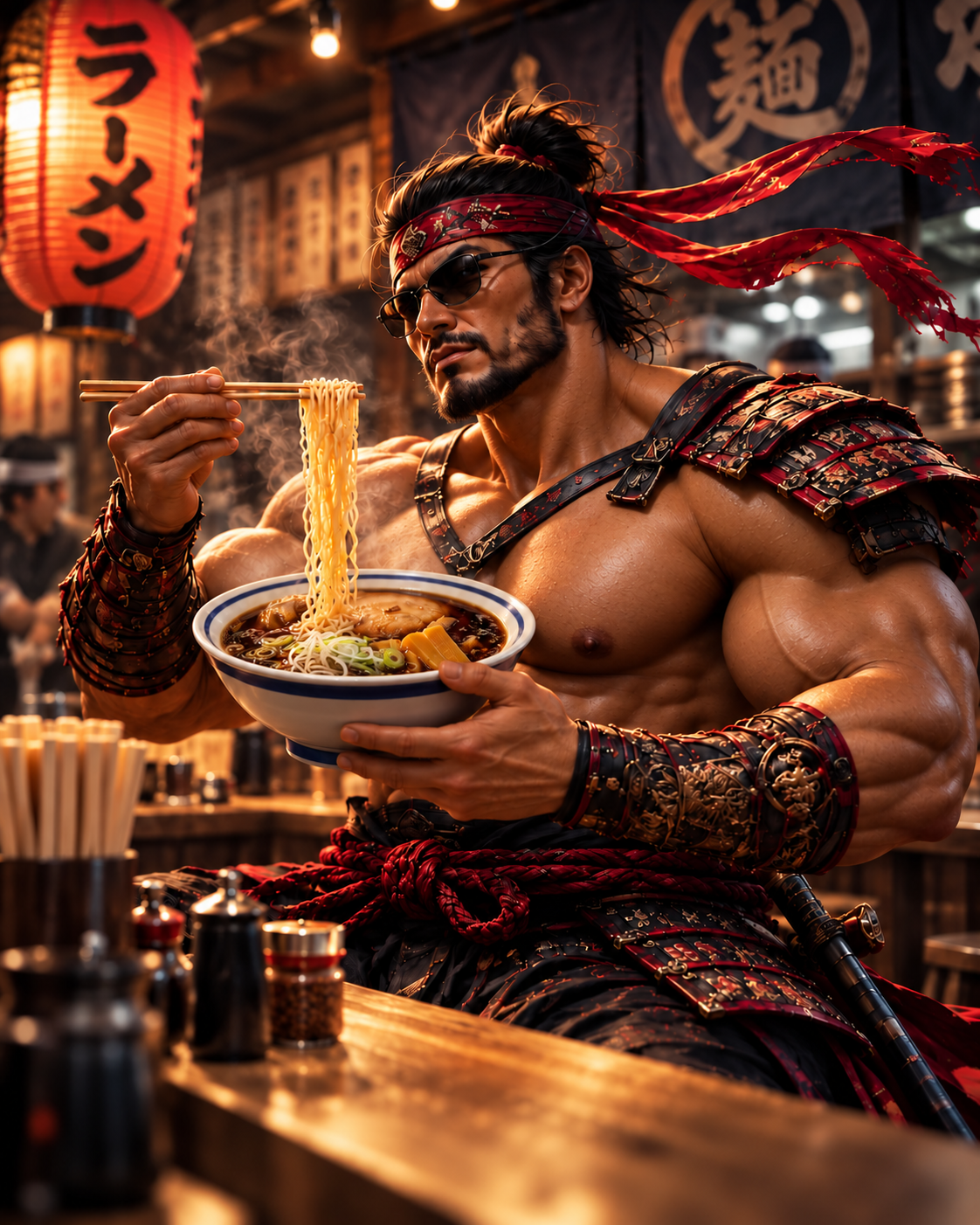Samurai Macho lifting noodles from Toyama Black ramen with dark soy-sauce broth, chashu pork, menma and scallions in a blue-rimmed white bowl; AI illustration