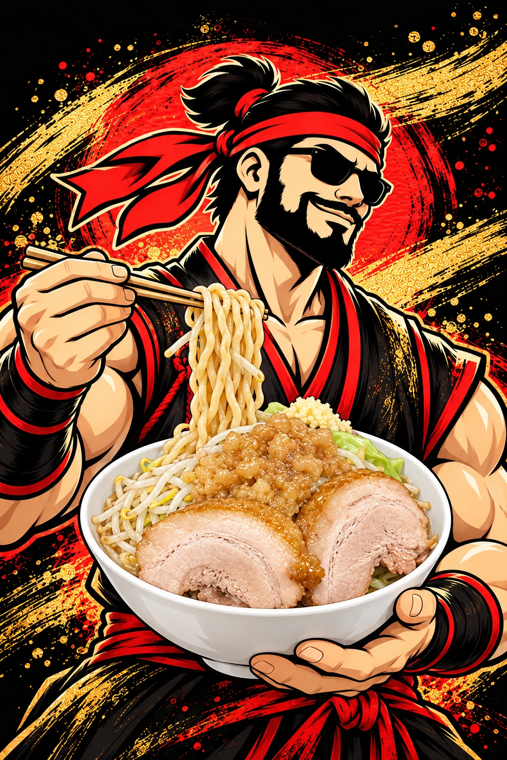 Samurai Macho presenting an illustrated white bowl with two large chashu slices, vegetables, abura and thick noodles.