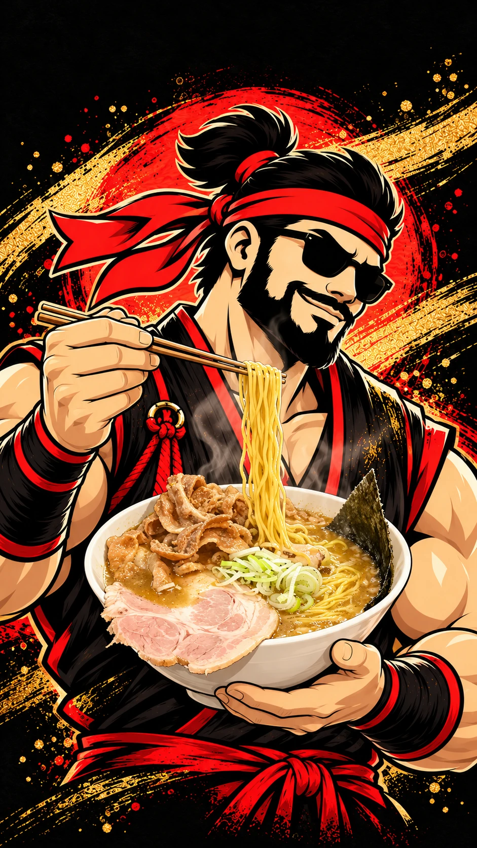 Samurai Macho illustration holding a white bowl with cloudy golden broth, folded pork, chashu, scallions, nori and thin yellow noodles.