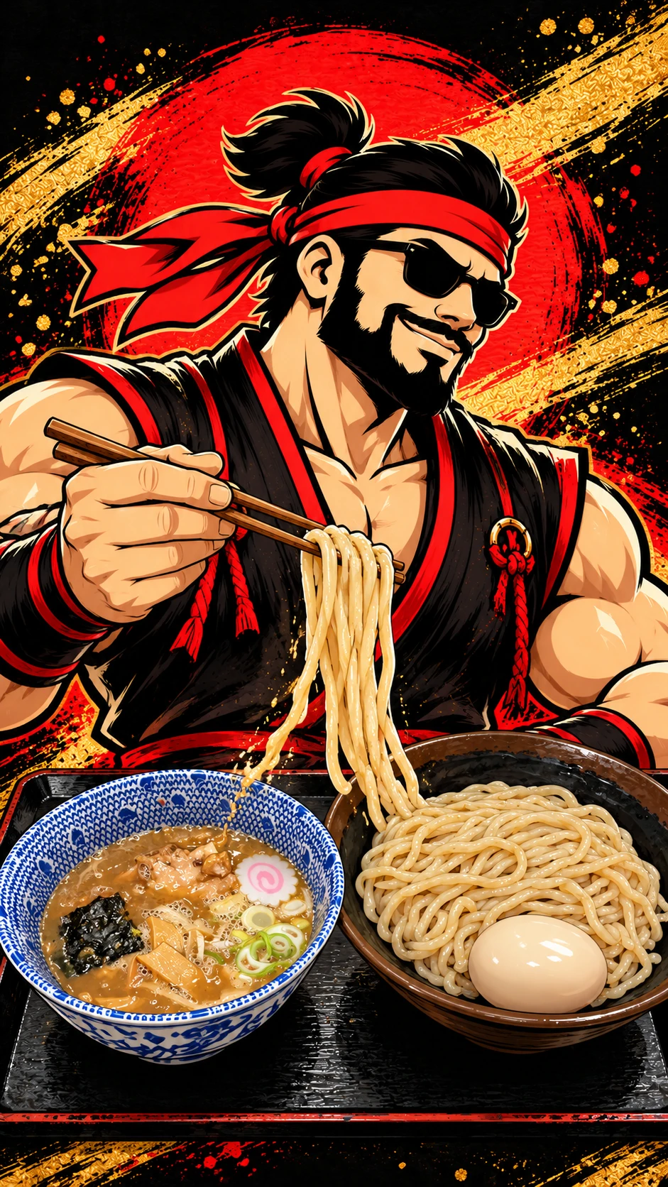 Samurai Macho lifts noodles above illustrated tsukemen bowls matching the blue-patterned soup bowl and dark noodle bowl in the visit photograph.