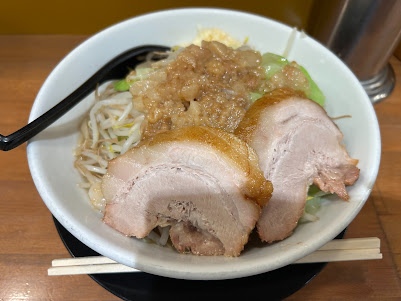 The contributor’s small ramen with large chashu slices, vegetables and abura at Butaichi.